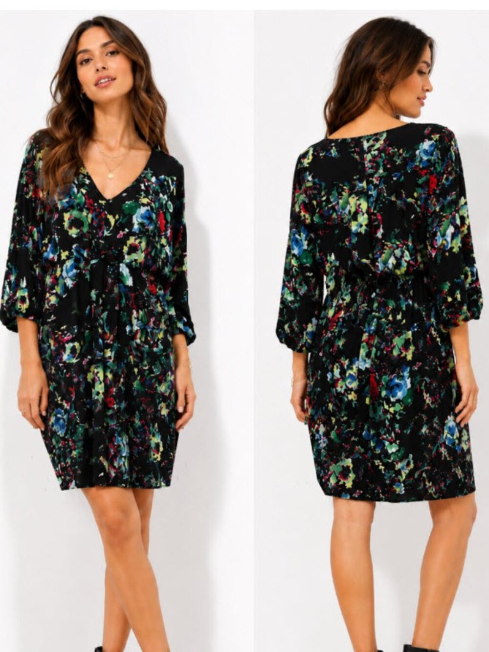 Maeve Anthropologie Floral V-Neck Mini Dress Balloon Sleeve Medium Chic Boho